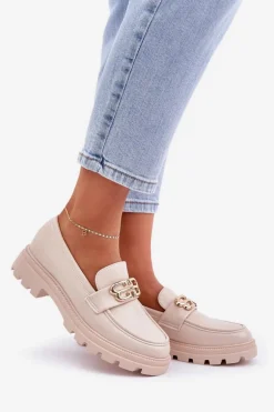 Mokasyny Damskie Ze Złotym Detalem Beżowe Trionna