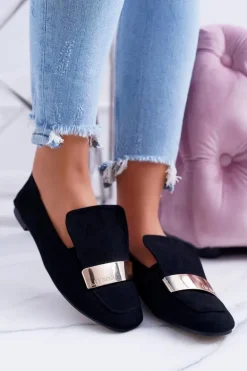 Mokasyny Damskie Złota Blaszka Czarne Lordsy Lu Boo Harlem