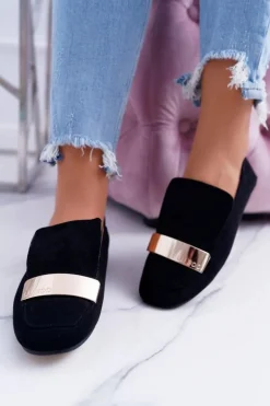 Mokasyny Damskie Złota Blaszka Czarne Lordsy Lu Boo Harlem