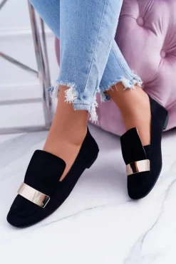 Mokasyny Damskie Złota Blaszka Czarne Lordsy Lu Boo Harlem