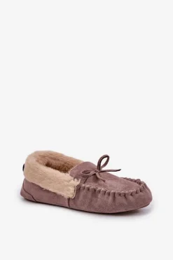 Mokasyny Kapcie Damskie Z Futerkiem Ciemnobeżowe Kleogoria