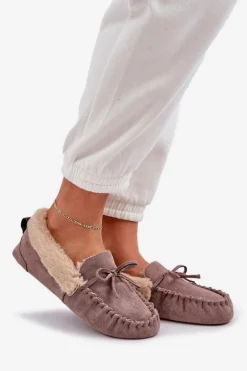 Mokasyny Kapcie Damskie Z Futerkiem Ciemnobeżowe Kleogoria