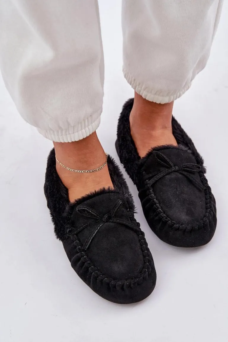 Mokasyny Kapcie Damskie Z Futerkiem Czarne Kleogoria