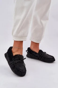 Mokasyny Kapcie Damskie Z Futerkiem Czarne Kleogoria