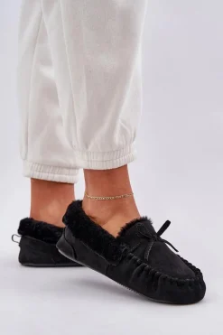 Mokasyny Kapcie Damskie Z Futerkiem Czarne Kleogoria