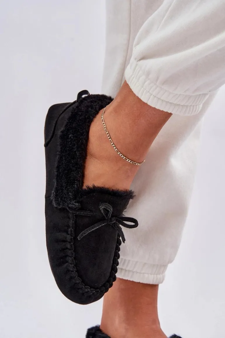 Mokasyny Kapcie Damskie Z Futerkiem Czarne Kleogoria