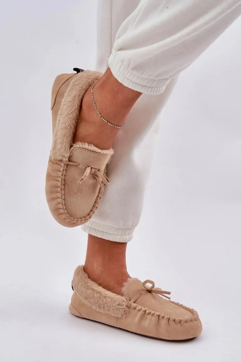 Mokasyny Kapcie Damskie Z Futerkiem Beżowe Kleogoria