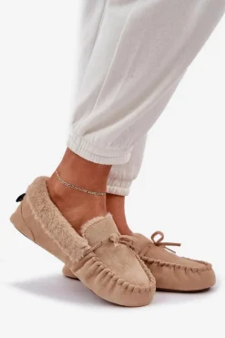 Mokasyny Kapcie Damskie Z Futerkiem Beżowe Kleogoria