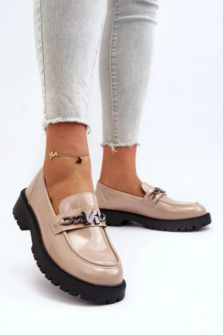 Mokasyny Lakierowane Damskie Na Płaskim Obcasie Beżowe Ezoma