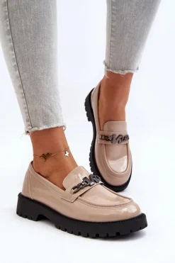 Mokasyny Lakierowane Damskie Na Płaskim Obcasie Beżowe Ezoma