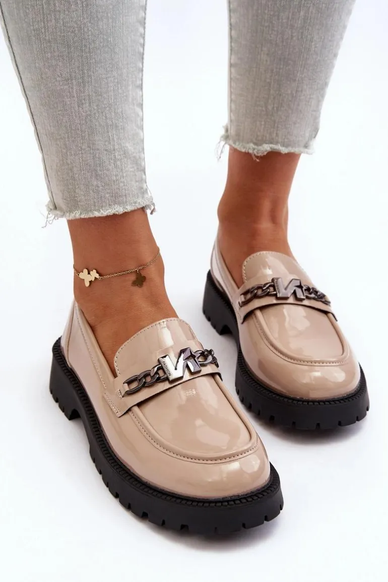 Mokasyny Lakierowane Damskie Na Płaskim Obcasie Beżowe Ezoma