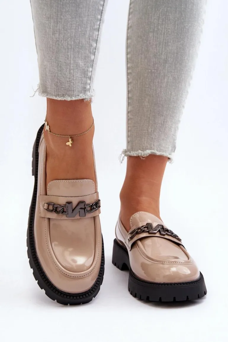 Mokasyny Lakierowane Damskie Na Płaskim Obcasie Beżowe Ezoma