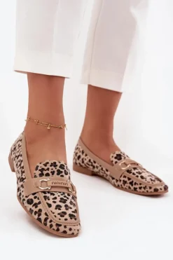 Mokasyny Loafersy Damskie Z Ozdobnym Elementem Panterka Beżowe Evelora