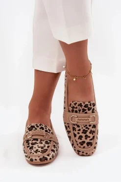 Mokasyny Loafersy Damskie Z Ozdobnym Elementem Panterka Beżowe Evelora