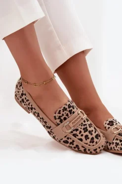 Mokasyny Loafersy Damskie Z Ozdobnym Elementem Panterka Beżowe Evelora