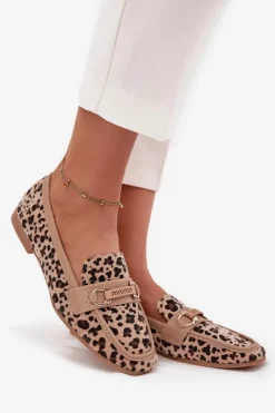 Mokasyny Loafersy Damskie Z Ozdobnym Elementem Panterka Beżowe Evelora