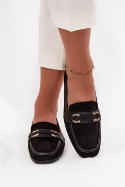 Mokasyny Loafersy Damskie Z Ozdobnym Elementem Czarne Evelora