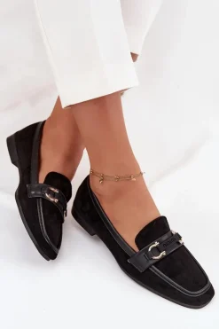 Mokasyny Loafersy Damskie Z Ozdobnym Elementem Czarne Evelora