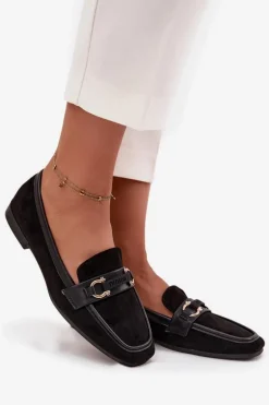 Mokasyny Loafersy Damskie Z Ozdobnym Elementem Czarne Evelora