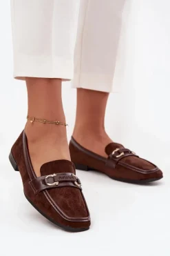 Mokasyny Loafersy Damskie Z Ozdobnym Elementem Czekoladowe Evelora