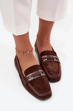 Mokasyny Loafersy Damskie Z Ozdobnym Elementem Czekoladowe Evelora