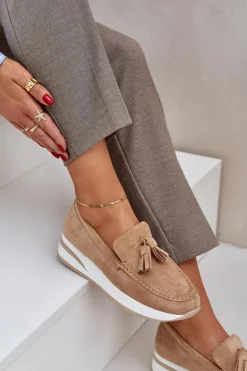 Mokasyny Na Delikatnym Koturnie Eko Zamszowe Beżowe Challavia