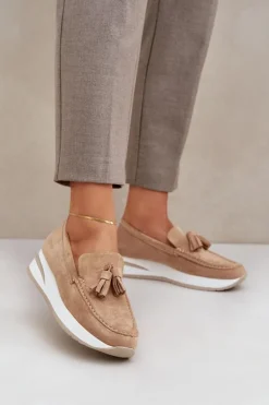 Mokasyny Na Delikatnym Koturnie Eko Zamszowe Beżowe Challavia