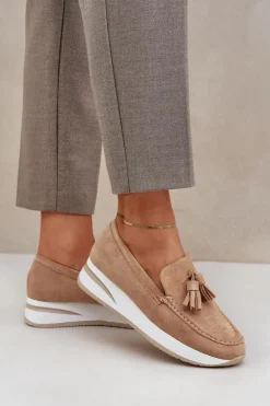 Mokasyny Na Delikatnym Koturnie Eko Zamszowe Beżowe Challavia