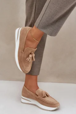 Mokasyny Na Delikatnym Koturnie Eko Zamszowe Beżowe Challavia