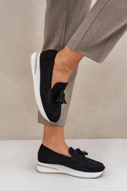 Mokasyny Na Delikatnym Koturnie Eko Zamszowe Czarne Challavia