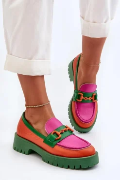 Mokasyny Skórzane Damskie Z Ozdobą CheBello 4444 Pomarańczowe