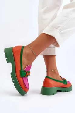 Mokasyny Skórzane Damskie Z Ozdobą CheBello 4444 Pomarańczowe