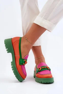 Mokasyny Skórzane Damskie Z Ozdobą CheBello 4444 Pomarańczowe