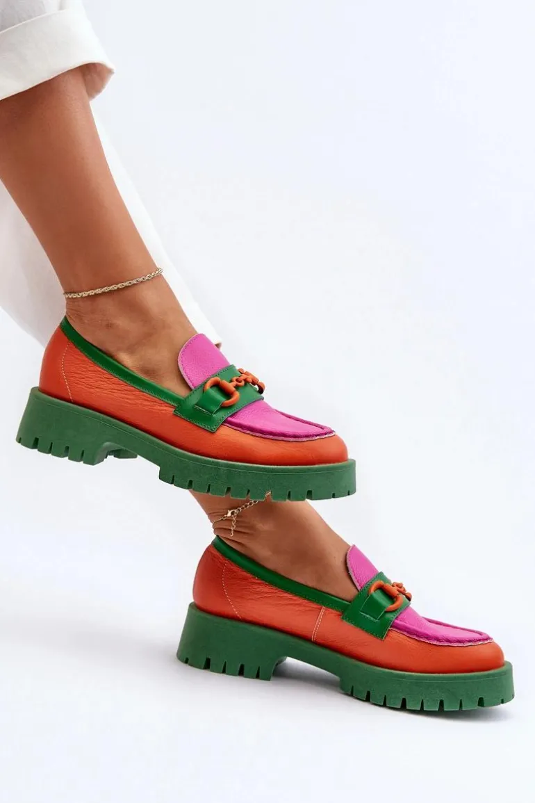 Mokasyny Skórzane Damskie Z Ozdobą CheBello 4444 Pomarańczowe