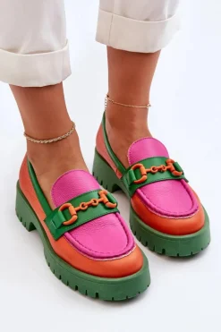 Mokasyny Skórzane Damskie Z Ozdobą CheBello 4444 Pomarańczowe