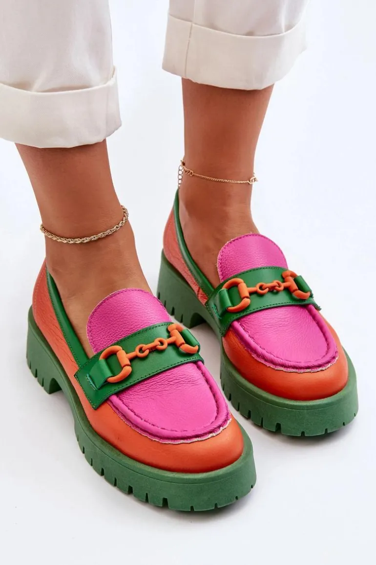 Mokasyny Skórzane Damskie Z Ozdobą CheBello 4444 Pomarańczowe