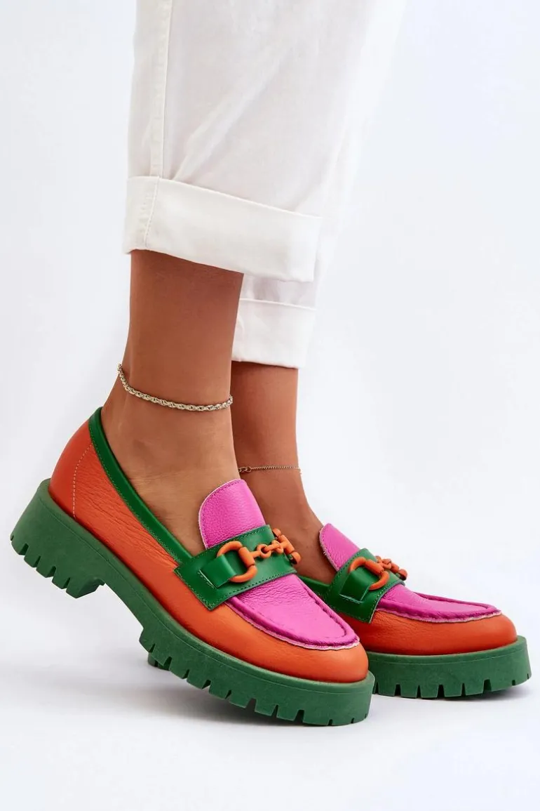 Mokasyny Skórzane Damskie Z Ozdobą CheBello 4444 Pomarańczowe