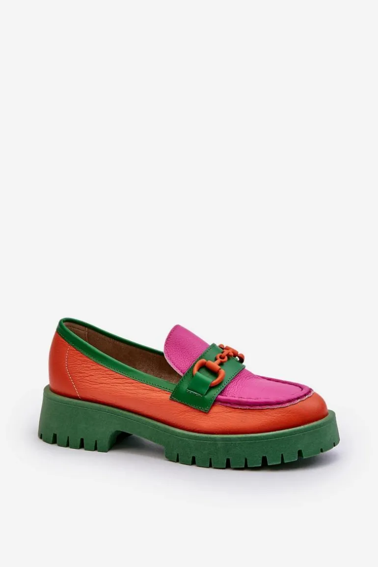 Mokasyny Skórzane Damskie Z Ozdobą CheBello 4444 Pomarańczowe