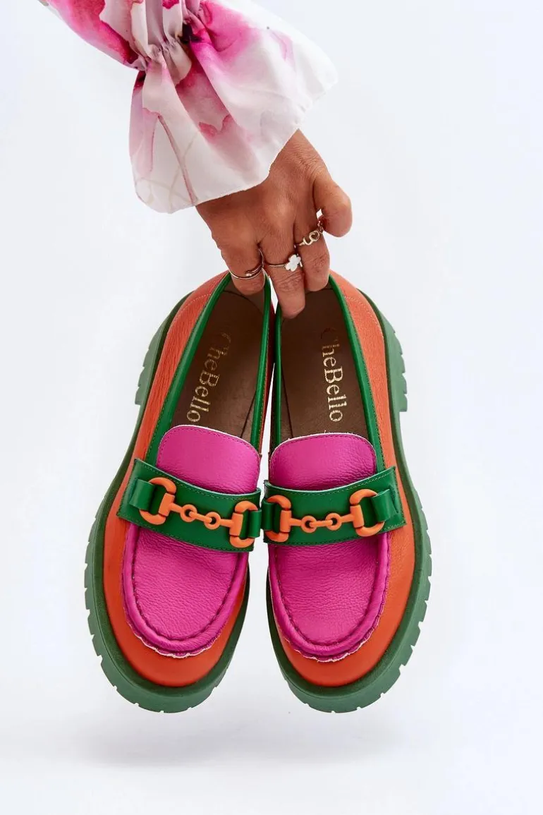 Mokasyny Skórzane Damskie Z Ozdobą CheBello 4444 Pomarańczowe