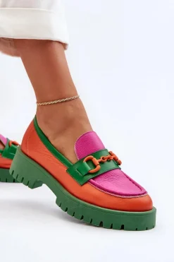 Mokasyny Skórzane Damskie Z Ozdobą CheBello 4444 Pomarańczowe