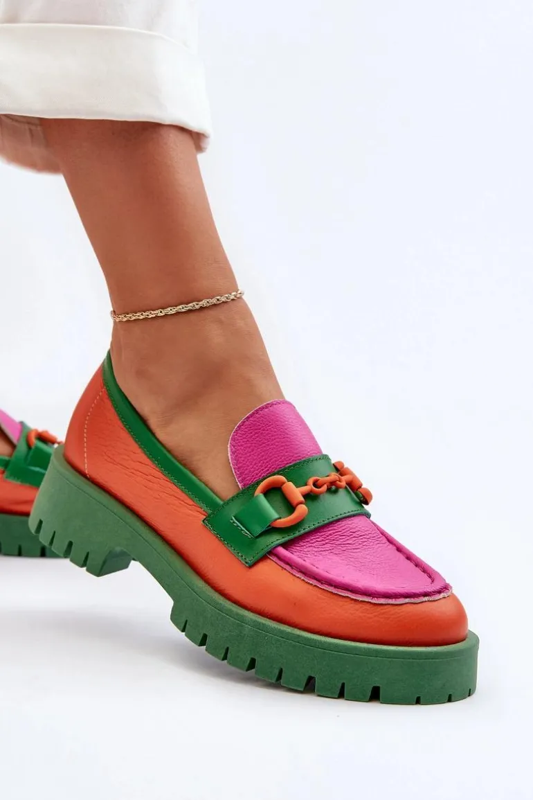 Mokasyny Skórzane Damskie Z Ozdobą CheBello 4444 Pomarańczowe