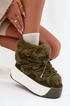 Śniegowce Damskie Na Masywnej Platformie Z Wiązaniem I Futerkiem Ciemnozielone Kalivira
