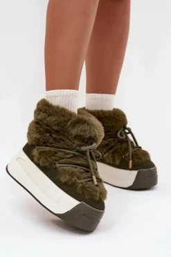 Śniegowce Damskie Na Masywnej Platformie Z Wiązaniem I Futerkiem Ciemnozielone Kalivira