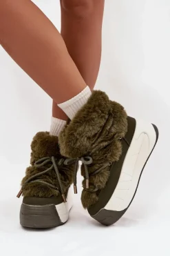 Śniegowce Damskie Na Masywnej Platformie Z Wiązaniem I Futerkiem Ciemnozielone Kalivira