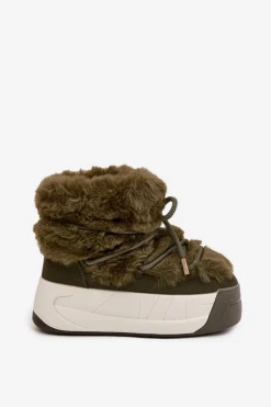 Śniegowce Damskie Na Masywnej Platformie Z Wiązaniem I Futerkiem Ciemnozielone Kalivira