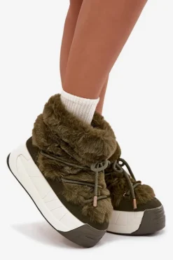 Śniegowce Damskie Na Masywnej Platformie Z Wiązaniem I Futerkiem Ciemnozielone Kalivira