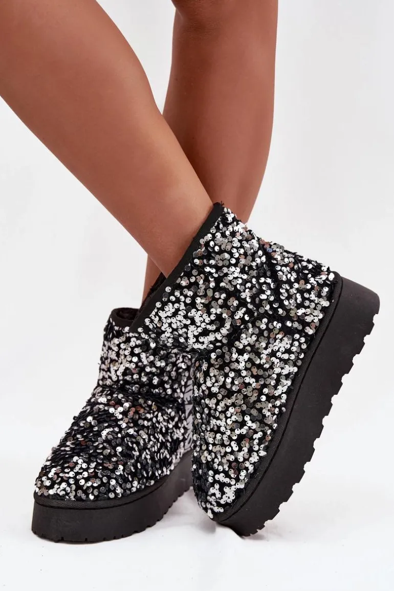 Śniegowce Damskie Na Platformie Zdobione Cekinami Czarno-Srebrne Silmo