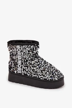 Śniegowce Damskie Na Platformie Zdobione Cekinami Czarno-Srebrne Silmo