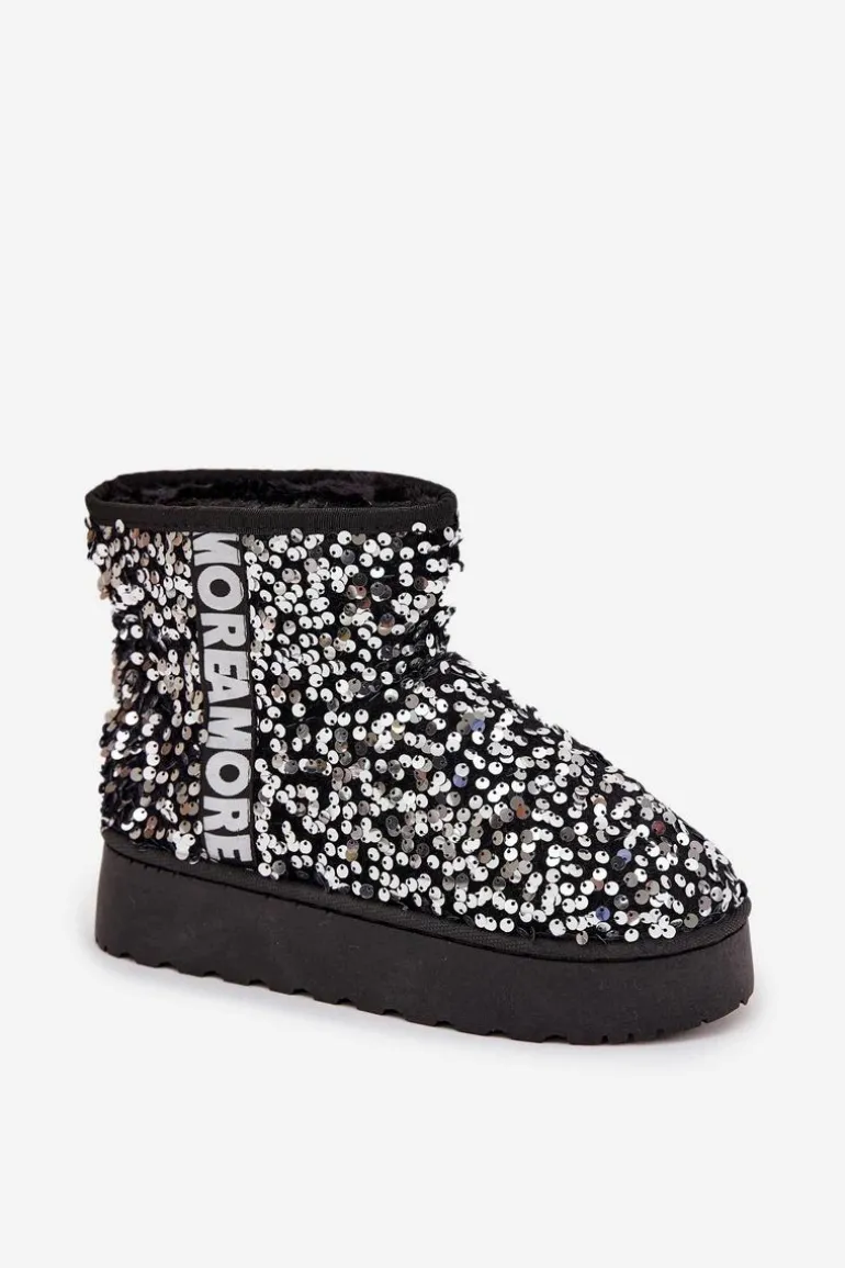 Śniegowce Damskie Na Platformie Zdobione Cekinami Czarno-Srebrne Silmo