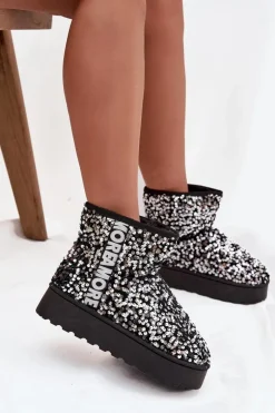 Śniegowce Damskie Na Platformie Zdobione Cekinami Czarno-Srebrne Silmo